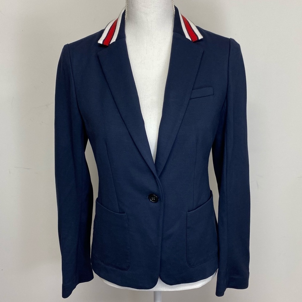 Banana Republic Classic Contrast Striped Collar Navy Blazer Ponte NWT - Picture 3 of 14